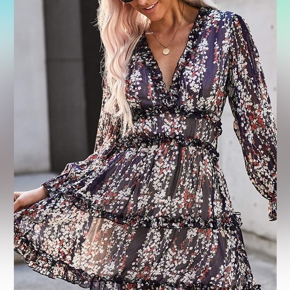 Floral Print V Neck Long Sleeve Backless Dress - Picture 1 of 7